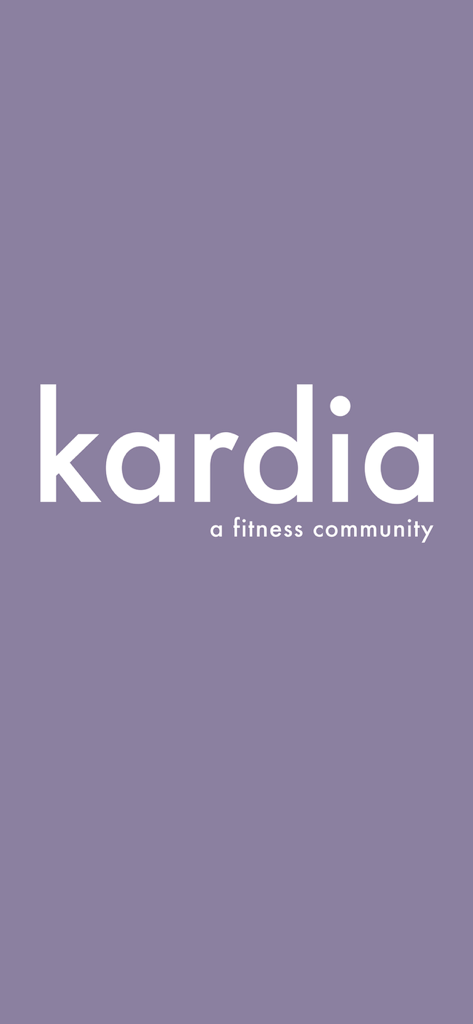 Kardia Athletica - Pantalla de inicio de la app Kardia Athletica con el logo y eslogan, una comunidad de fitness sobre un fondo morado