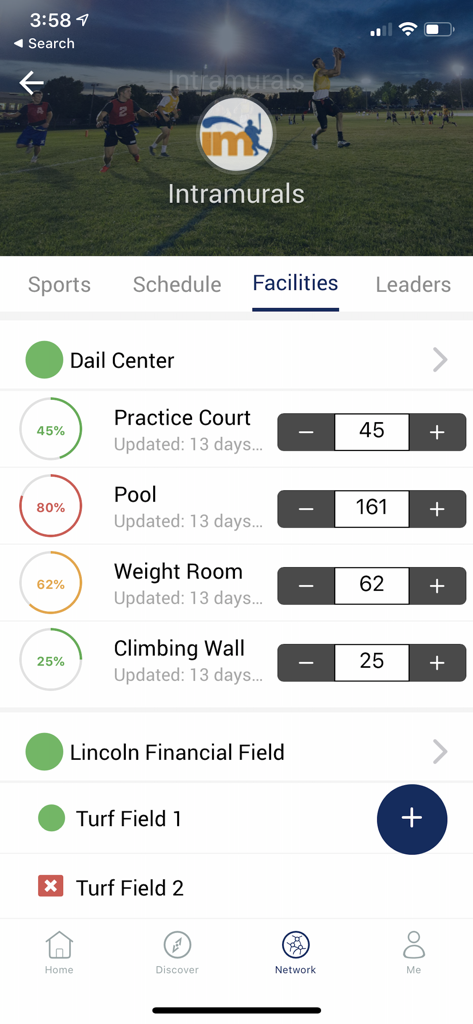 IMLeagues - IMLeagues mobile app interface displaying real time capacity for campus recreational facilities including a pool and weight room