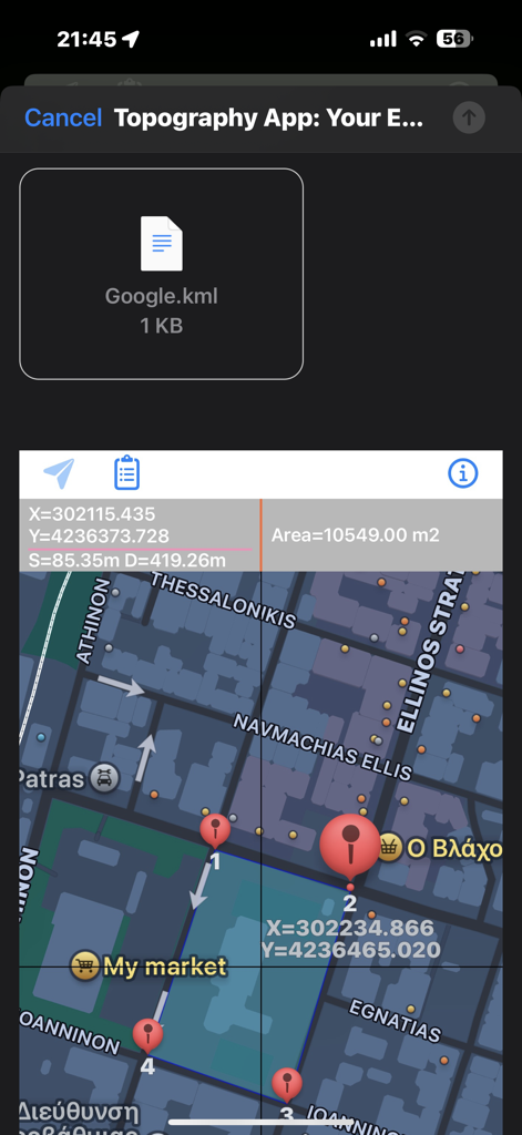 Topography Lite - Map interface of Topography Lite app showing area measurement and KML file export