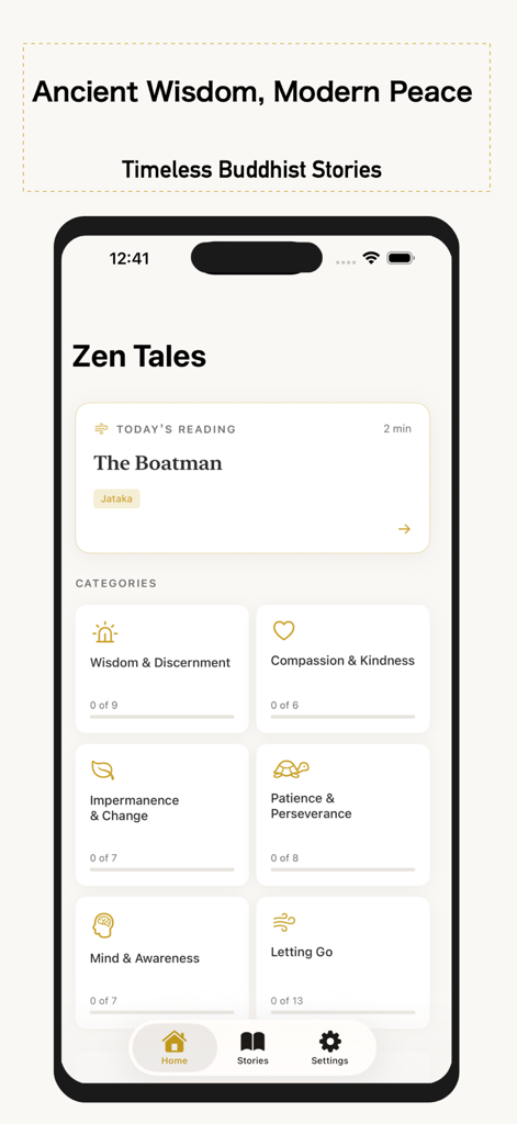 Zen Tales: Buddhist Stories - Écran d'accueil de l'application Zen Tales affichant diverses catégories d'histoires bouddhistes et une recommandation de lecture quotidienne