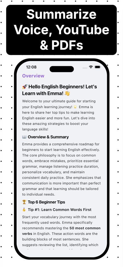 AI Note Taker - Cobnote - Interface of the Cobnote app displaying an AI-generated summary of a voice or video recording titled Hello English Beginners.