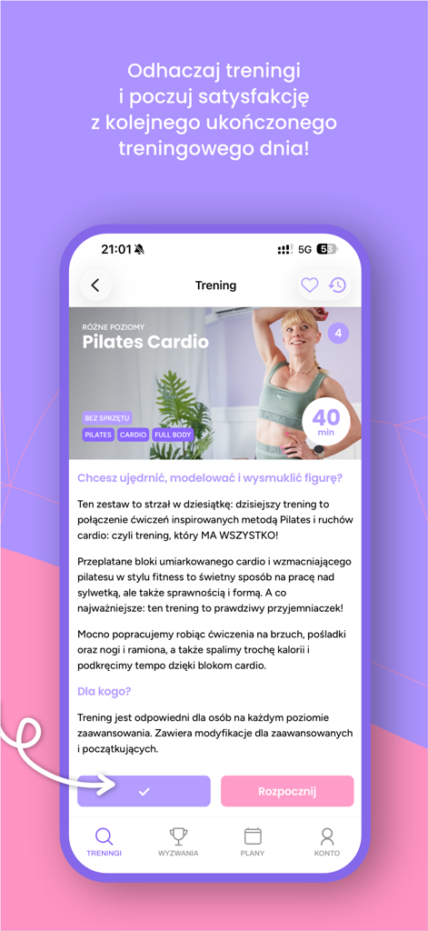 Codziennie Fit - A mobile screen from the Codziennie Fit app showing details for a Pilates Cardio workout and a workout tracking feature