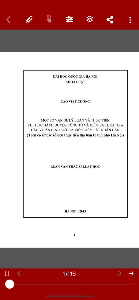VNU-LIC - Cover page of a Vietnamese law thesis displayed within the VNU-LIC mobile app digital reader interface.