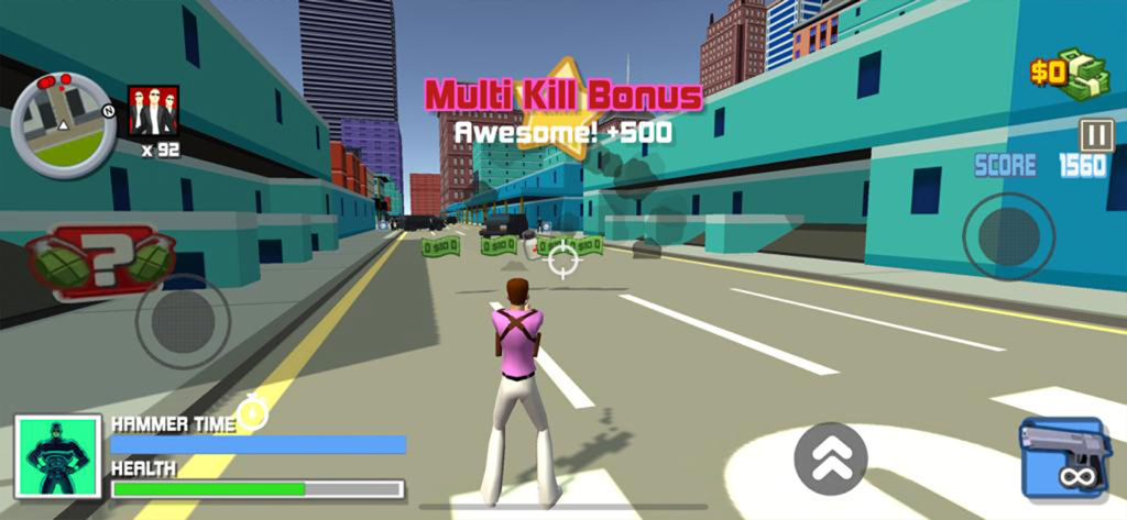 Spider Superhero Crime City - Third person view of a character in a 3D city street with a multi kill bonus notification and game UI