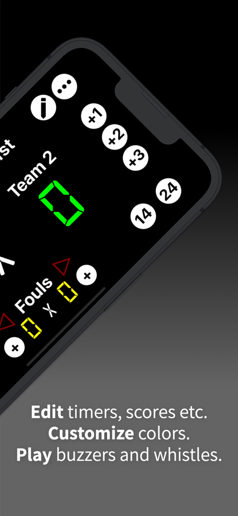 A smartphone showing the Virtual Scoreboard app interface with options to edit scores and customize settings