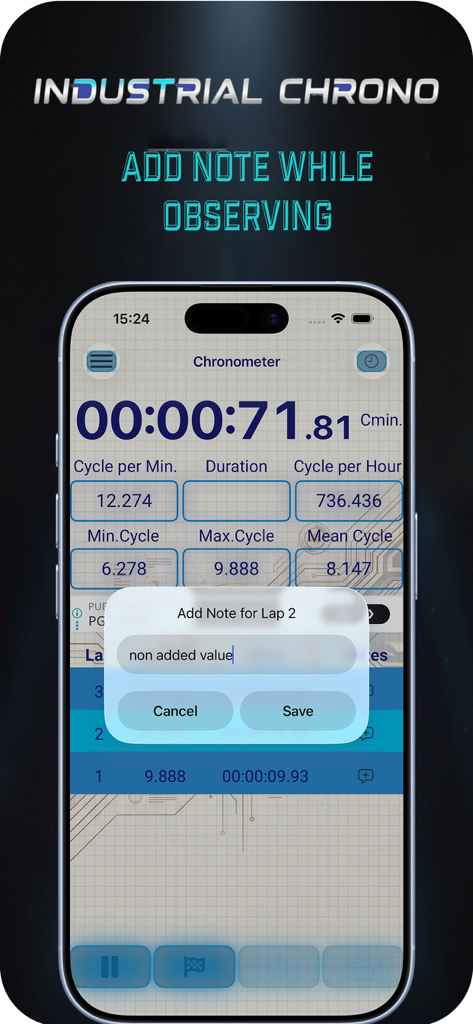 Interfaz de la aplicación Industrial Chronometer con una ventana emergente para agregar una nota a una vuelta registrada durante la observación de un proceso