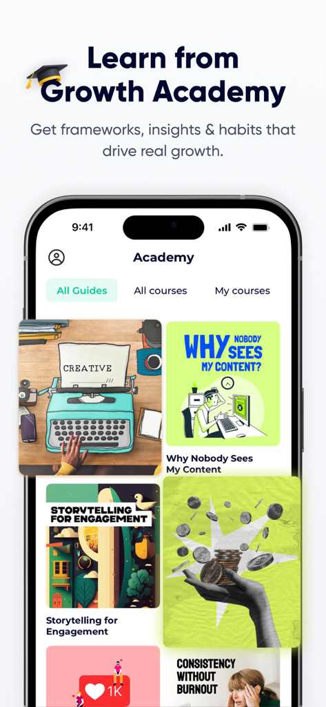SMMHUB: Growth Marketing Tool - SMMHUB app Growth Academy screen showing various marketing courses and guides for social media growth