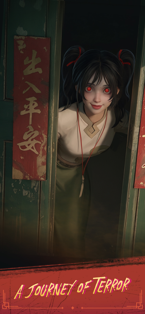 Haunted Merge: Horror Story - Una niña espeluznante con ojos rojos mirando desde una puerta en Haunted Merge Horror Story