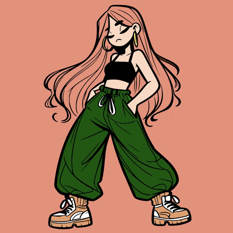girl in baggy pants crop top and long hair