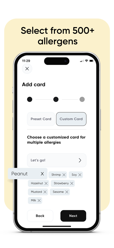 Equal Eats - Interface of the Equal Eats app showing the selection of multiple food allergens to create a custom safety card