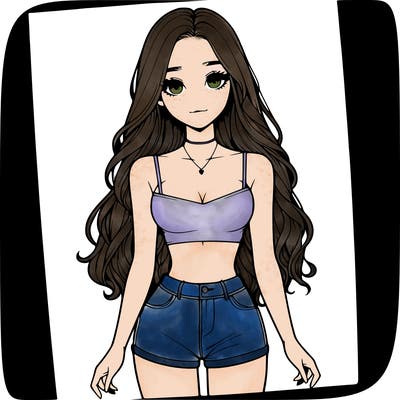 a realistic girl with long hair and in a crop top and shprts