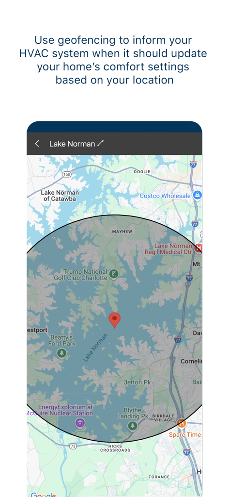 Trane® Home - Trane Home app interface showing geofencing feature on a map for automated HVAC adjustments