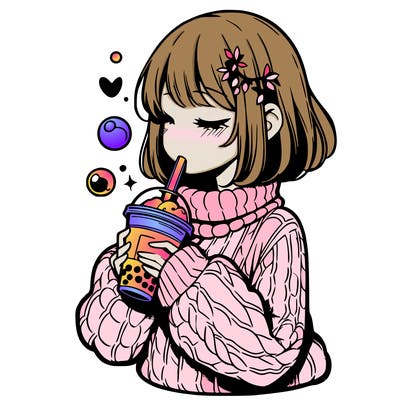 manga girl drinking boba in cozy sweater