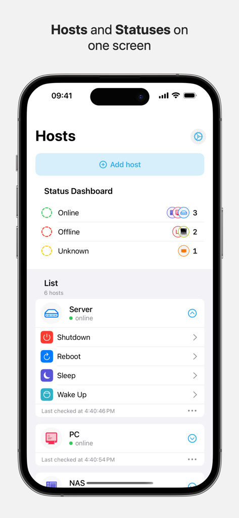 Dashboard of the Magic Packet app showing network host statuses and remote power control options