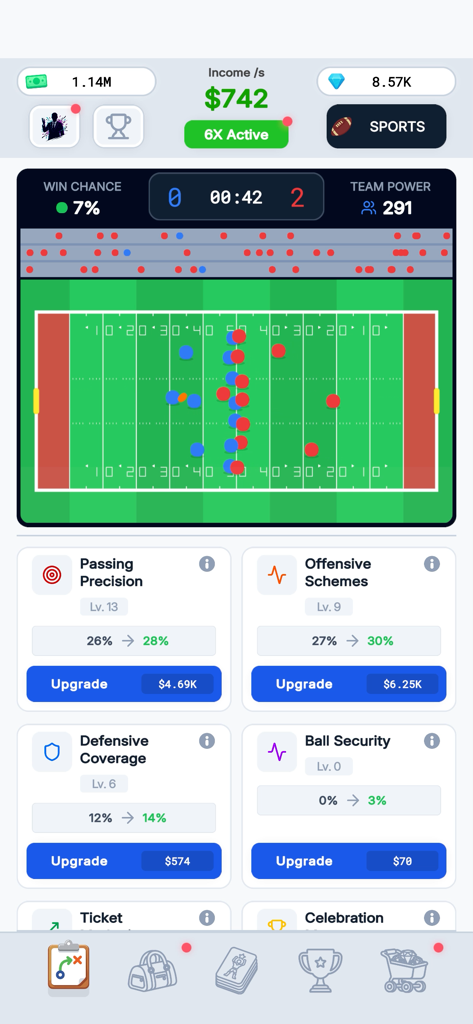 Sport Star - Team Manager Idle - American football match simulation with team skill upgrade options in Sport Star