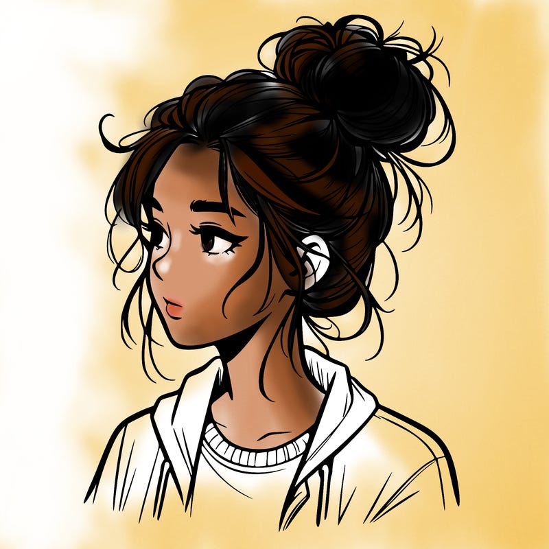 realistic teenage girl with a messy bun