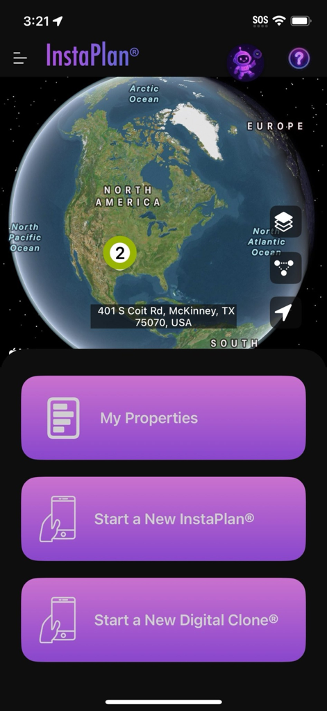 InstaPlan® - InstaPlan app home screen showing a map interface and property scanning options