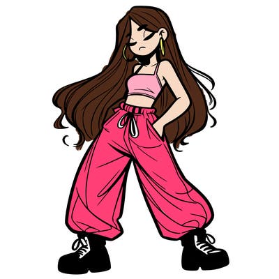 girl in baggy pants crop top and long hair