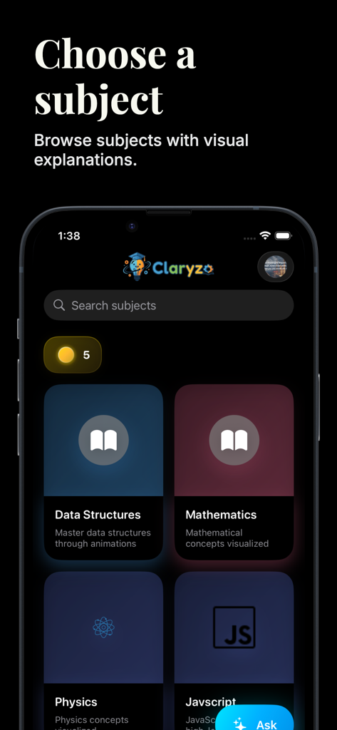 Claryzo: Ask, Play, Learn (AI) - Claryzo app interface showing the Choose a Subject screen with cards for Data Structures, Mathematics, Physics, and Javascript.