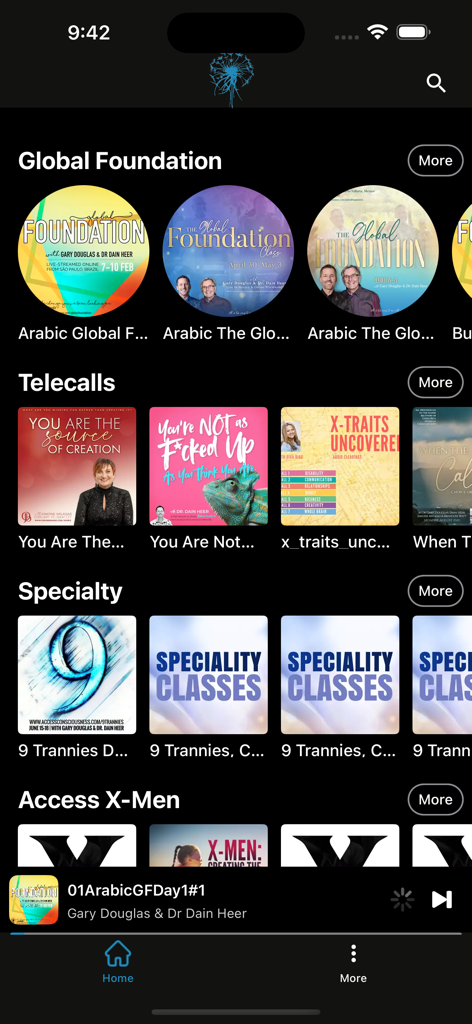 A screenshot of the AccessMe app interface displaying various categories of audio classes like Global Foundation and Telecalls.