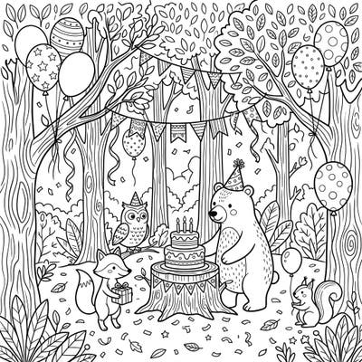 Step into an enchanting woodland where a joyous birthday celebration is underway among the trees. This delightful coloring page invites you to bring a vibrant forest party, complete with charming animals and festive decorations, to life with your favorite colors.