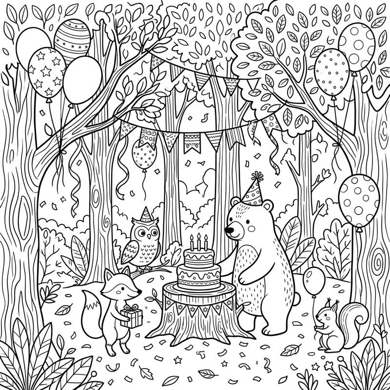 Step into an enchanting woodland where a joyous birthday celebration is underway among the trees. This delightful coloring page invites you to bring a vibrant forest party, complete with charming animals and festive decorations, to life with your favorite colors.