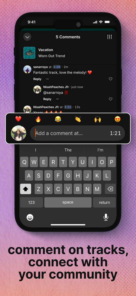 Smartphone screen showing the SoundCloud app comments section with a keyboard and timestamped commenting feature.