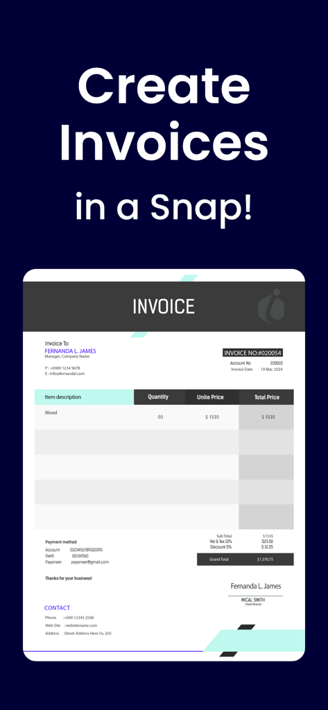 A professional digital invoice template displayed on a mobile app screen for freelancers and small businesses