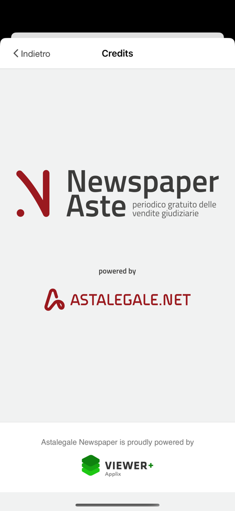 Astalegale Newspaper - Credits screen of the Astalegale Newspaper mobile app showing partner logos and legal notice information.