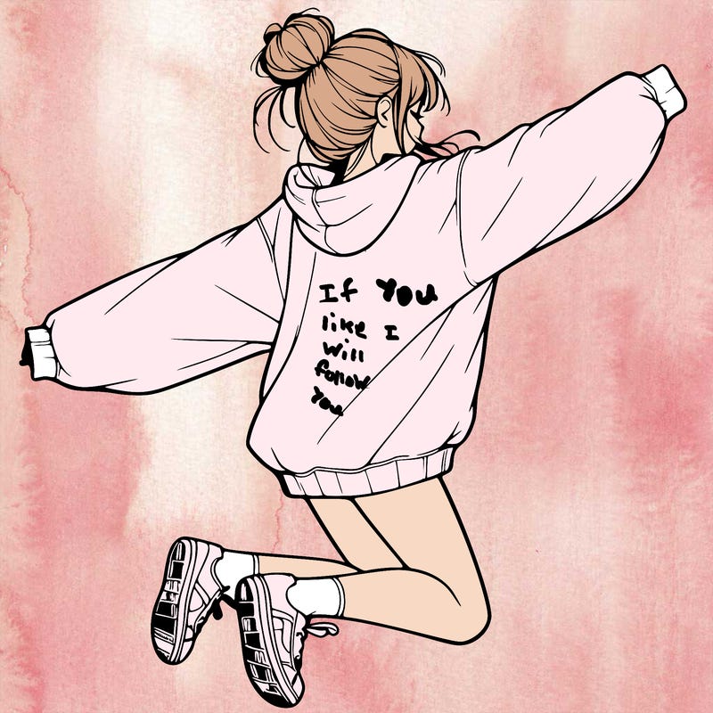 realistic girl jumping with a bun and oversized sweatshirt