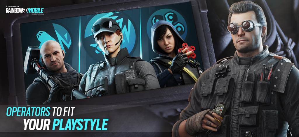 Rainbow Six Mobileのオペレーターのプロモーションアート。テキスト「Operators to fit your playstyle」が表示されている。