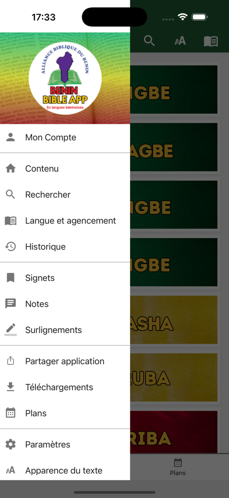 Benin Bible - The sidebar navigation menu of the Benin Bible mobile app showing features like bookmarks, notes, and downloads.
