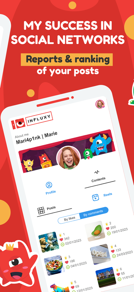 Influxy app interface showing reports and ranking of social media posts by likes
