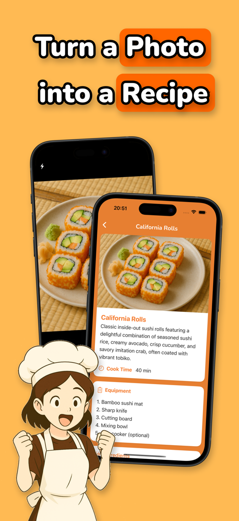Mama AI - Recipe Identifier - Mama AI app interface showing a California rolls recipe generated from a food photo