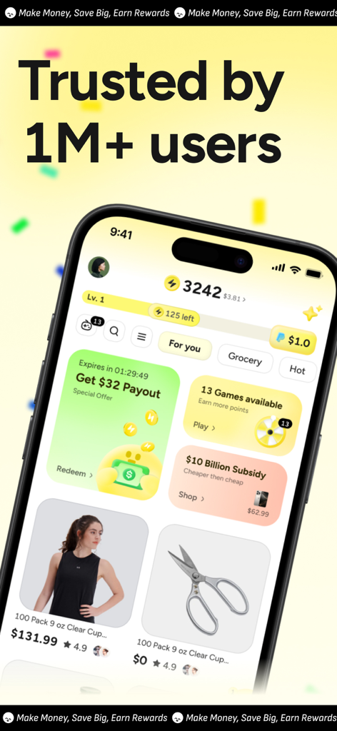 Blidz mobile app interface showing gamified shopping deals and social proof of over one million users