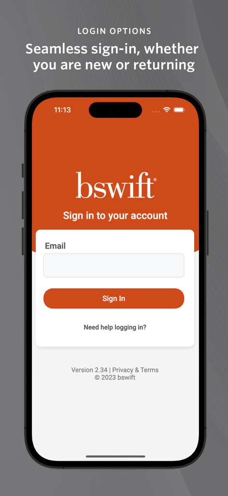 The login screen of the bswift Mobile app displaying an email input field and sign-in button.