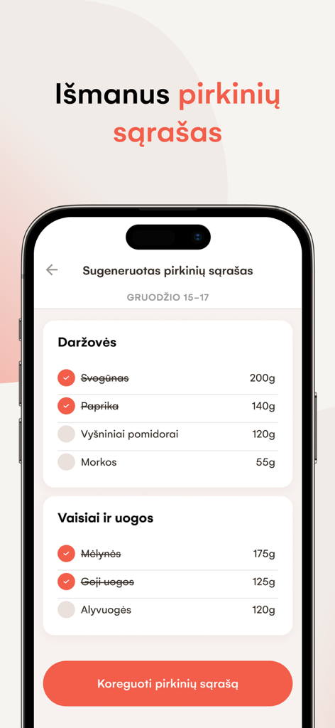 Persikas.com: Mitybos planai - Smartphone screen displaying a smart grocery shopping list in the Persikas meal planning app.
