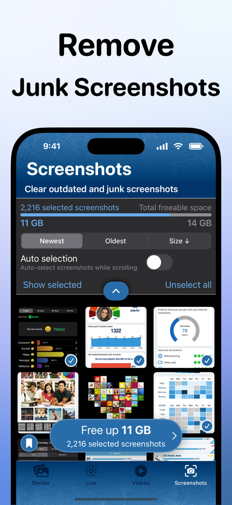 AI Storage Photo Cleaner - Interface d'une application mobile montrant la fonction d'identification et de suppression des captures d'écran inutiles pour libérer de l'espace de stockage.