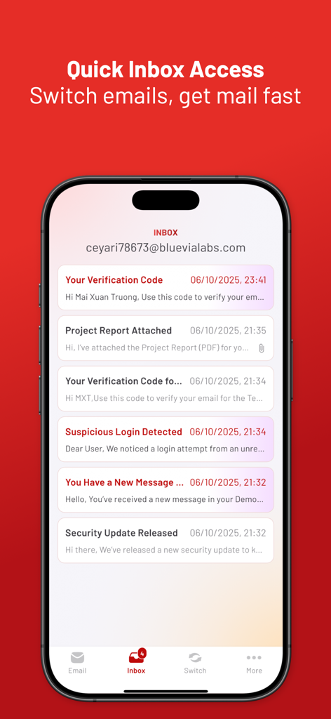 A mobile interface of the Temp Mail app showing a list of temporary emails and verification codes in the inbox.