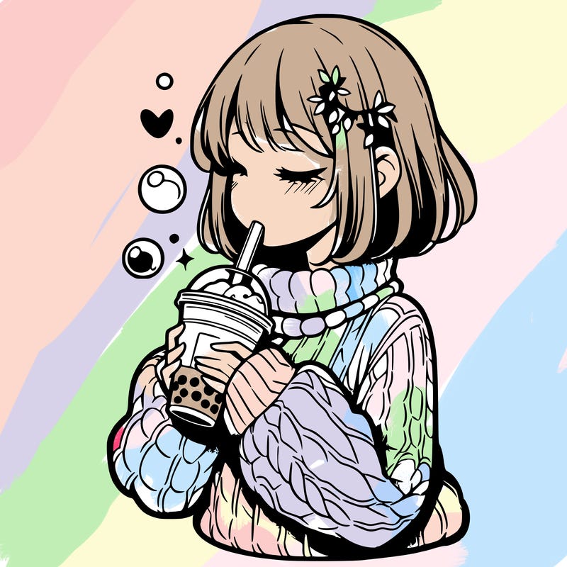 manga girl drinking boba in cozy sweater