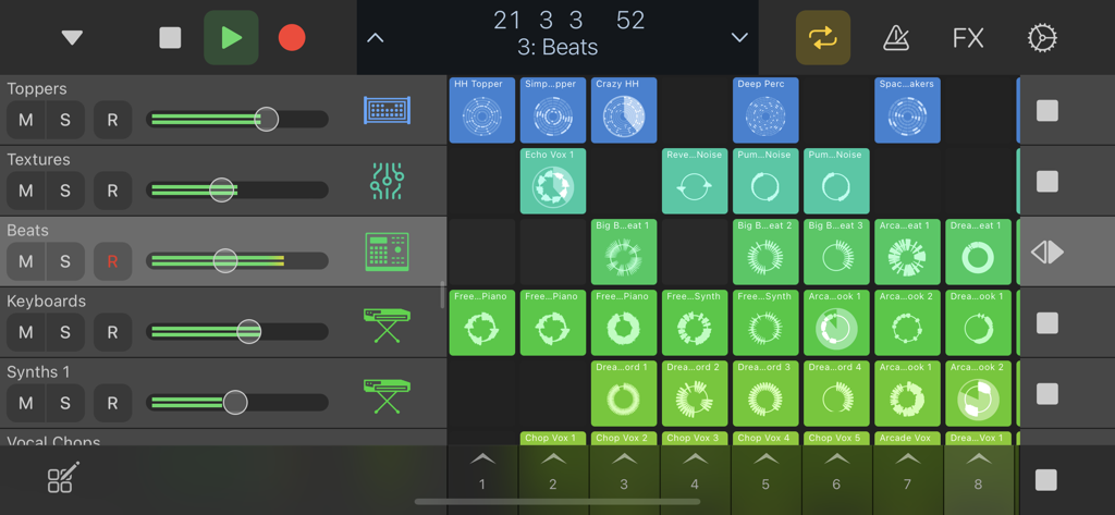 Logic Remote app interface showing Live Loops grid and mixer track controls