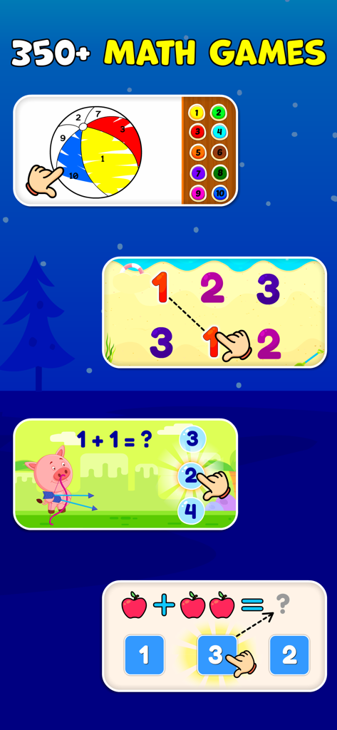 Screenshot showing various interactive math games for kids including addition and number matching