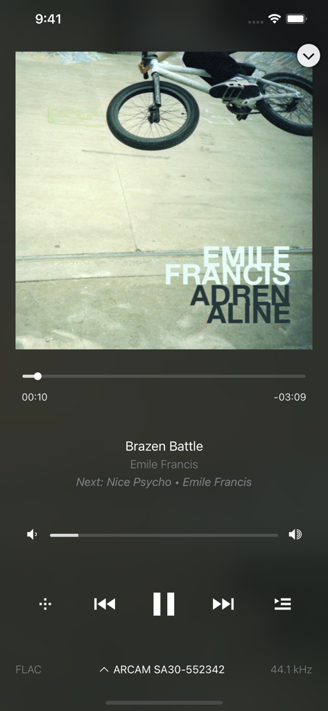 MusicLife - MusicLife app player interface showing FLAC music playback on an Arcam SA30.