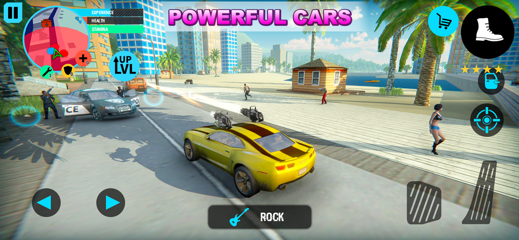 Yellow sports car with roof mounted guns in Rio crime city mafia gangster game