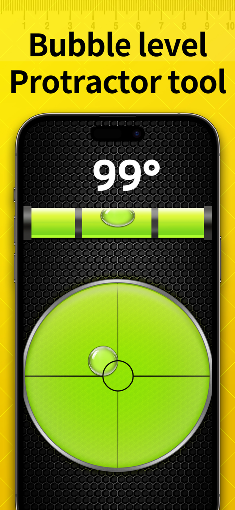 Level Tool・Tape Measure・AR App - A digital bubble level and protractor tool interface displayed on an iPhone screen for home improvement tasks.