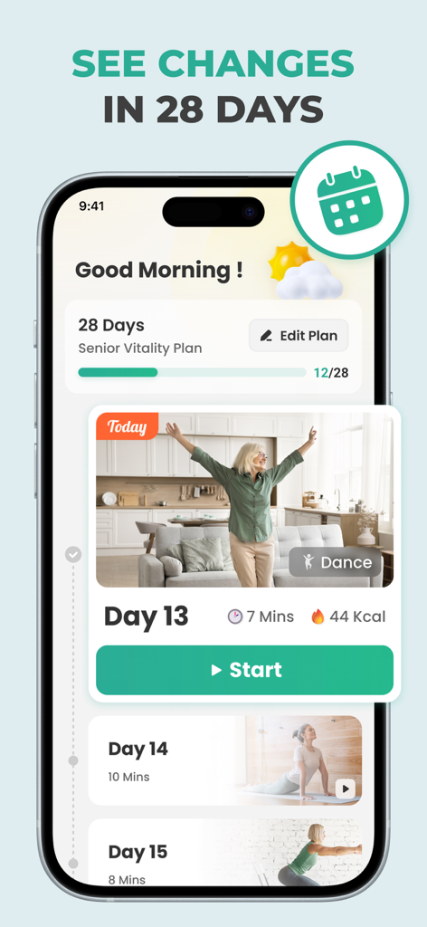 Pantalla móvil que muestra un plan de entrenamiento de vitalidad de 28 días para personas mayores con una sesión de baile para adultos mayores.
