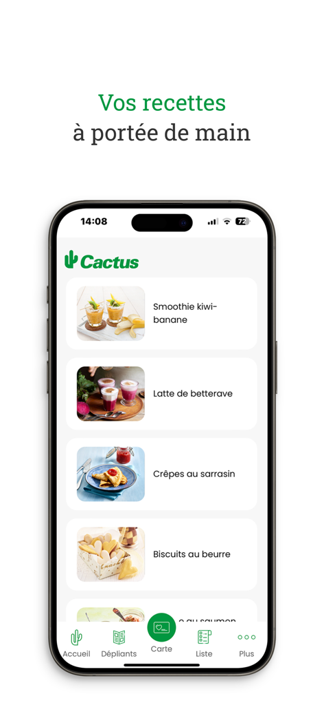 Cactus - Cactus mobile app interface displaying a list of food recipes including a kiwi banana smoothie and beetroot latte.