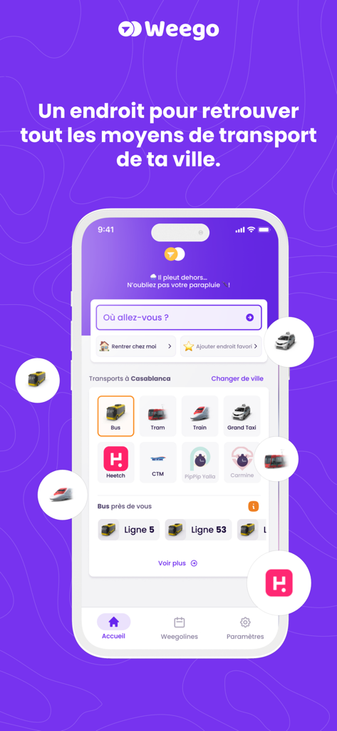 Weego: Move with ease - Weego app dashboard displaying multiple urban transport options and a route search bar