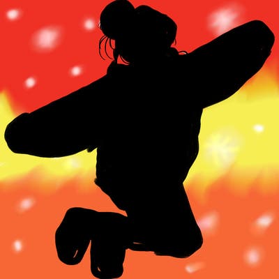 realistic girl jumping with a bun and oversized sweatshirt
