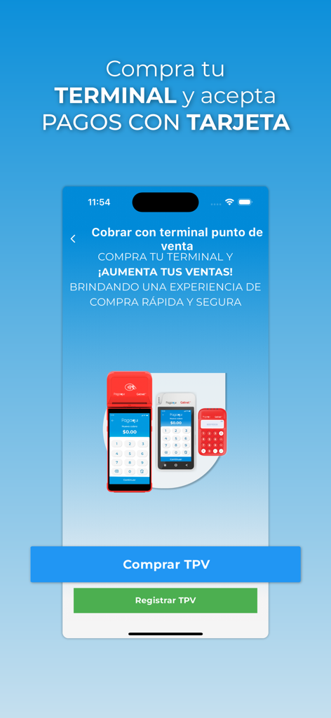 Pagaqui V2 - Pagaqui V2 app screen showing options to purchase and register a point of sale terminal for card payments